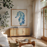 Deep Sea XI by Anne Tavoletti. Shown in a natural wood frame in a cozy modern living room. Available as an archival giclee rolled canvas, fine art paper, or poster print. SKU 46578a.