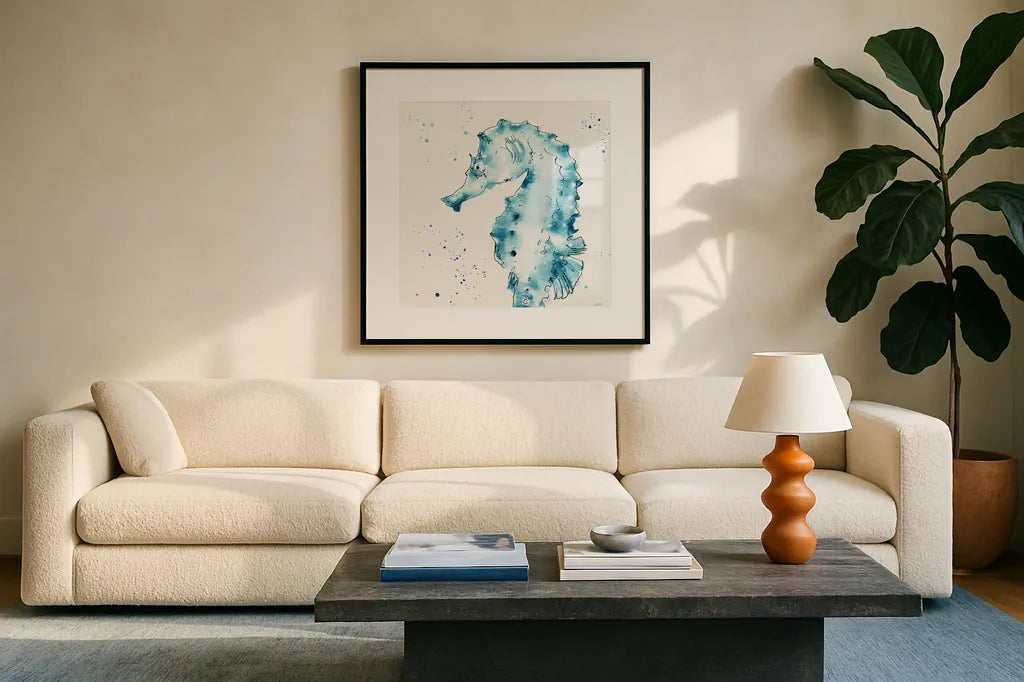 Deep Sea XI Teal by Anne Tavoletti. Displayed in a glass frame with matte in a clean modern living room. Available as an archival giclee rolled canvas, fine art paper, or poster print. SKU 53850a.