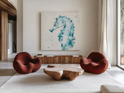 Deep Sea XI Teal by Anne Tavoletti. Shown as extra-large giant wall art in a modern living room. Available as an archival giclee rolled canvas, fine art paper, or poster print. SKU 53850a.