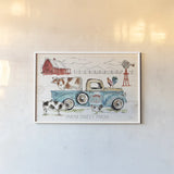 Down on the Farm I by Anne Tavoletti. shown as a paper print in a white frame. Available as a archival giclee rolled canvas, fine art paper, or poster print. SKU 36682i.