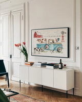 Down on the Farm I No Words by Anne Tavoletti. shown as a framed stretched canvas in a living room above a console. Available as a archival giclee rolled canvas, fine art paper, or poster print. SKU 48296i.