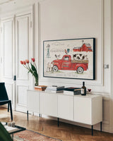 Down on the Farm II by Anne Tavoletti. shown as a framed stretched canvas in a living room above a console. Available as a archival giclee rolled canvas, fine art paper, or poster print. SKU 36683i.