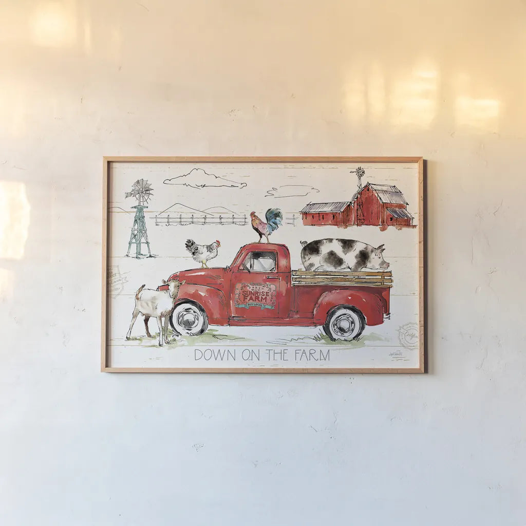 Down on the Farm II by Anne Tavoletti. shown as a paper print in a natural frame. Available as a archival giclee rolled canvas, fine art paper, or poster print. SKU 36683i.
