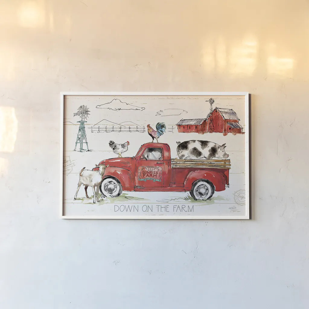 Down on the Farm II by Anne Tavoletti. shown as a paper print in a white frame. Available as a archival giclee rolled canvas, fine art paper, or poster print. SKU 36683i.