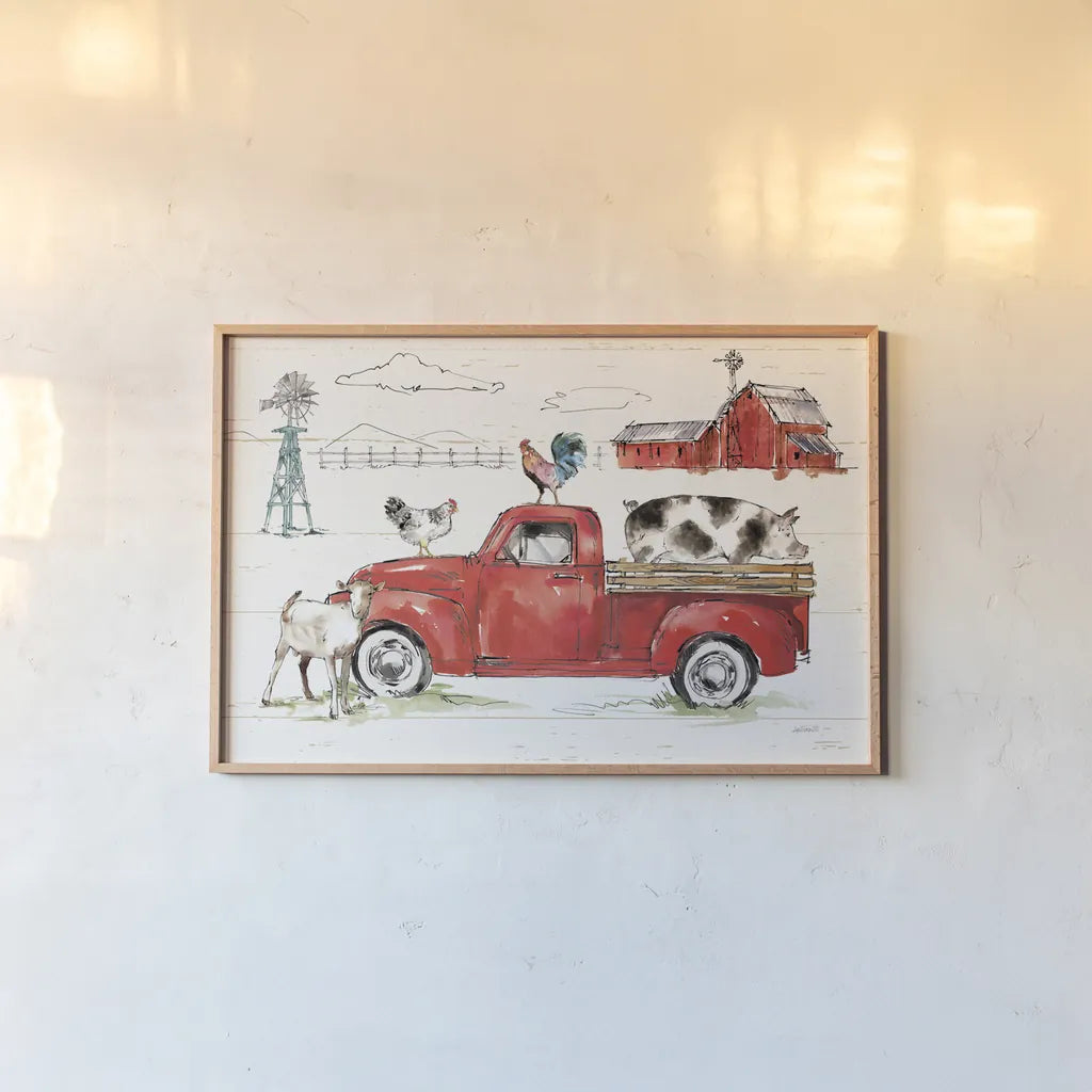 Down on the Farm II No Words by Anne Tavoletti. shown as a paper print in a natural frame. Available as a archival giclee rolled canvas, fine art paper, or poster print. SKU 48297i.