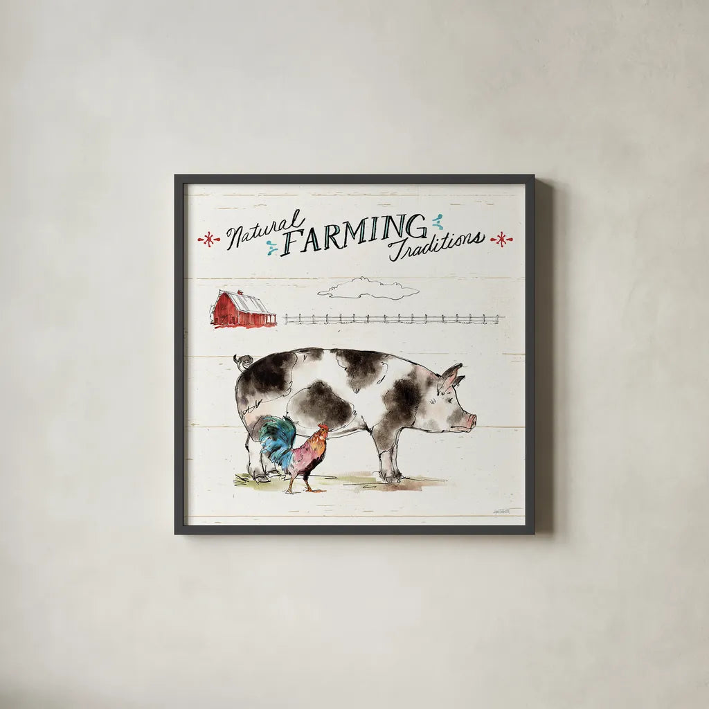 Down on the Farm III by Anne Tavoletti. Shown in a sleek black glass frame for a contemporary gallery look. Available as an archival giclee rolled canvas, fine art paper, or poster print. SKU 36684a.