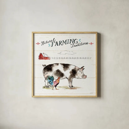 Down on the Farm III by Anne Tavoletti. Shown in a natural wood glass frame for a timeless modern aesthetic. Available as an archival giclee rolled canvas, fine art paper, or poster print. SKU 36684a.