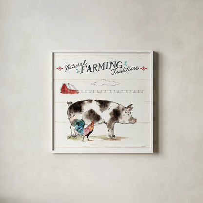 Down on the Farm III by Anne Tavoletti. Shown in a crisp white glass frame for a clean and minimalist style. Available as an archival giclee rolled canvas, fine art paper, or poster print. SKU 36684a.