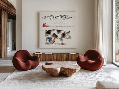 Down on the Farm III by Anne Tavoletti. Shown as extra-large giant wall art in a modern living room. Available as an archival giclee rolled canvas, fine art paper, or poster print. SKU 36684a.