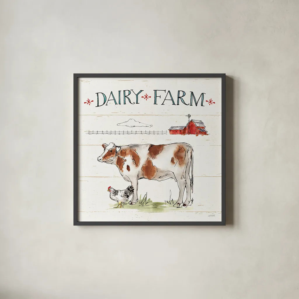 Down on the Farm IV by Anne Tavoletti. Shown in a sleek black glass frame for a contemporary gallery look. Available as an archival giclee rolled canvas, fine art paper, or poster print. SKU 36685a.
