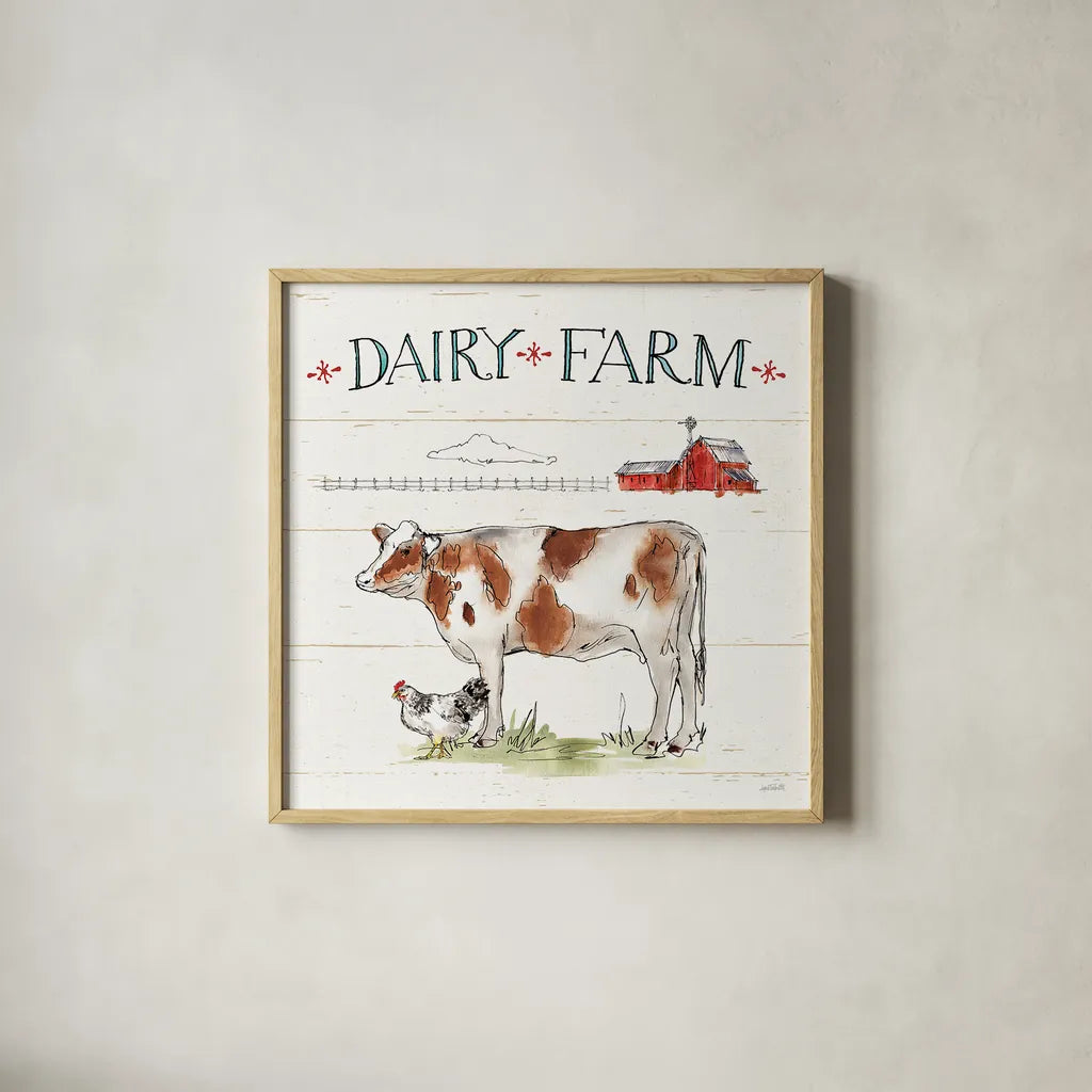 Down on the Farm IV by Anne Tavoletti. Shown in a natural wood glass frame for a timeless modern aesthetic. Available as an archival giclee rolled canvas, fine art paper, or poster print. SKU 36685a.