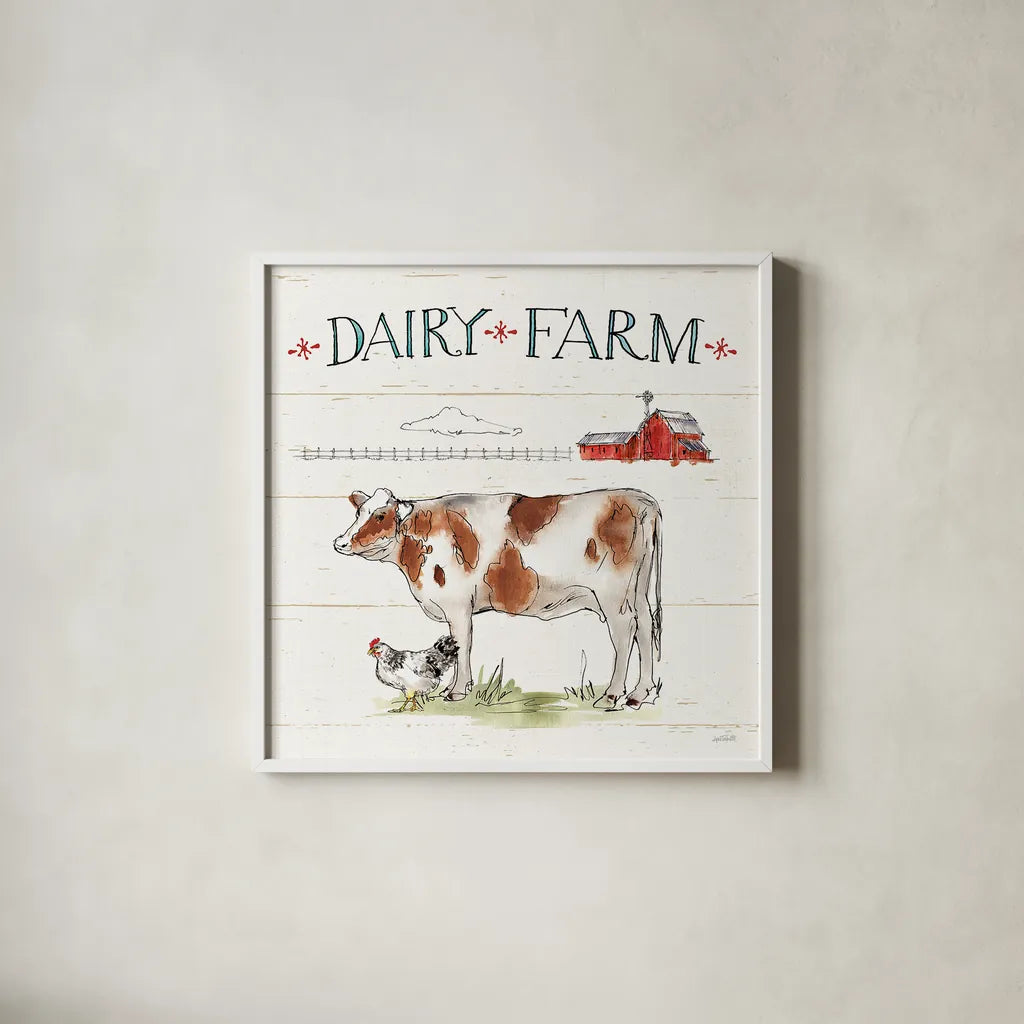 Down on the Farm IV by Anne Tavoletti. Shown in a crisp white glass frame for a clean and minimalist style. Available as an archival giclee rolled canvas, fine art paper, or poster print. SKU 36685a.