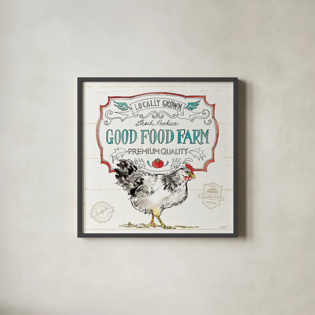 Down on the Farm V by Anne Tavoletti. Shown in a sleek black glass frame for a contemporary gallery look. Available as an archival giclee rolled canvas, fine art paper, or poster print. SKU 36686a.