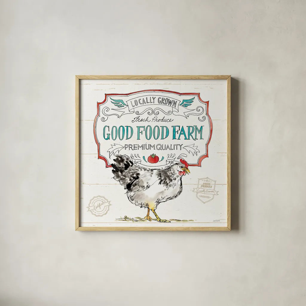 Down on the Farm V by Anne Tavoletti. Shown in a natural wood glass frame for a timeless modern aesthetic. Available as an archival giclee rolled canvas, fine art paper, or poster print. SKU 36686a.