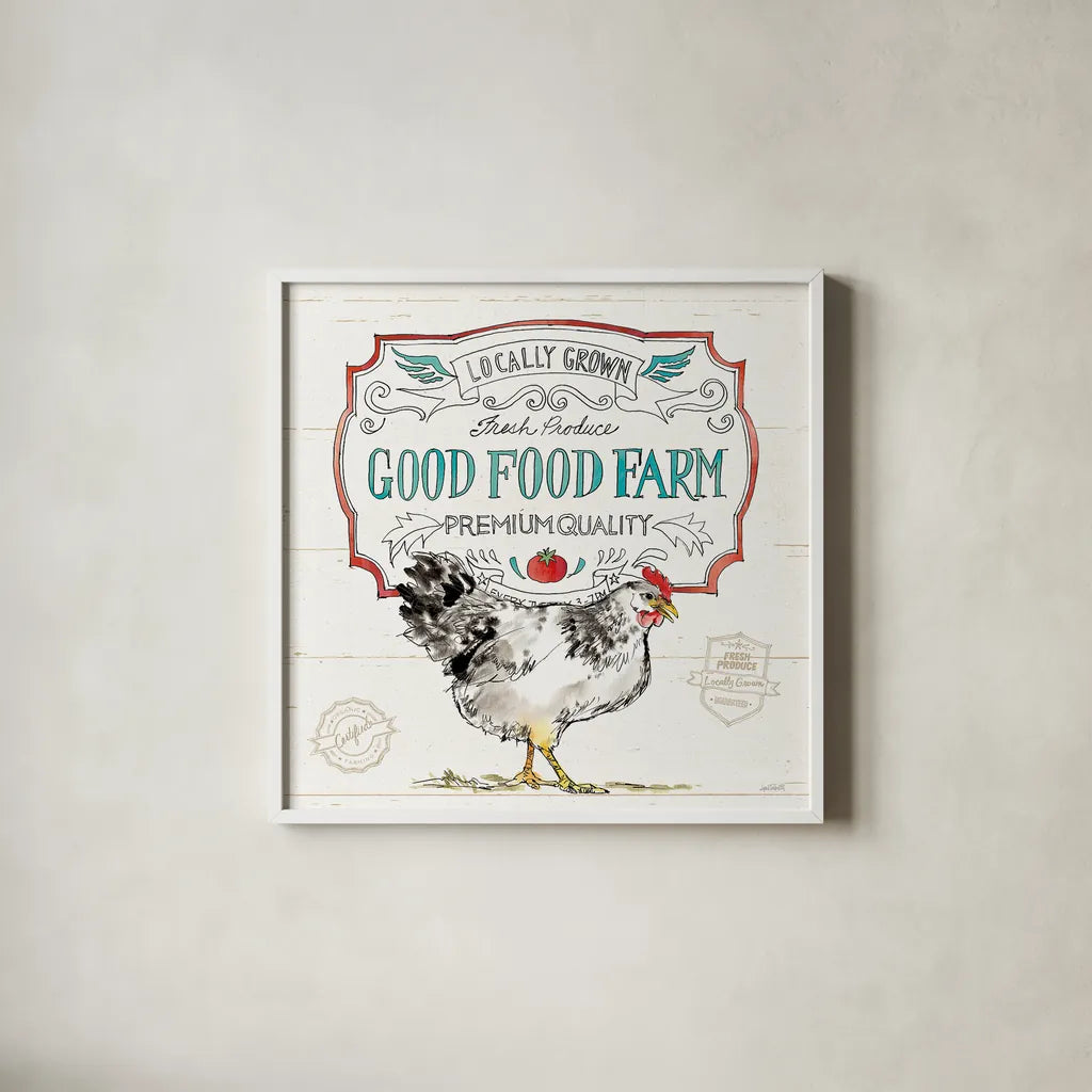 Down on the Farm V by Anne Tavoletti. Shown in a crisp white glass frame for a clean and minimalist style. Available as an archival giclee rolled canvas, fine art paper, or poster print. SKU 36686a.