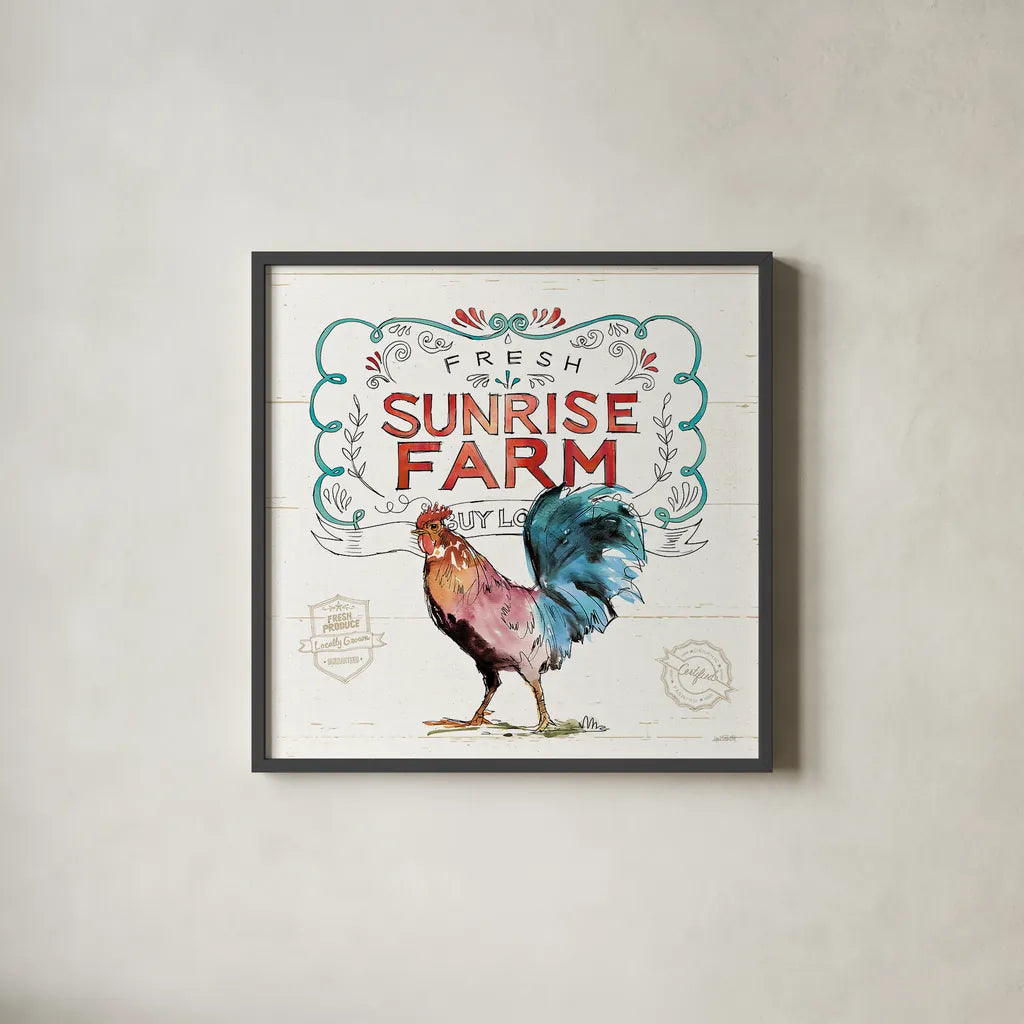 Down on the Farm VI by Anne Tavoletti. Shown in a sleek black glass frame for a contemporary gallery look. Available as an archival giclee rolled canvas, fine art paper, or poster print. SKU 36687a.