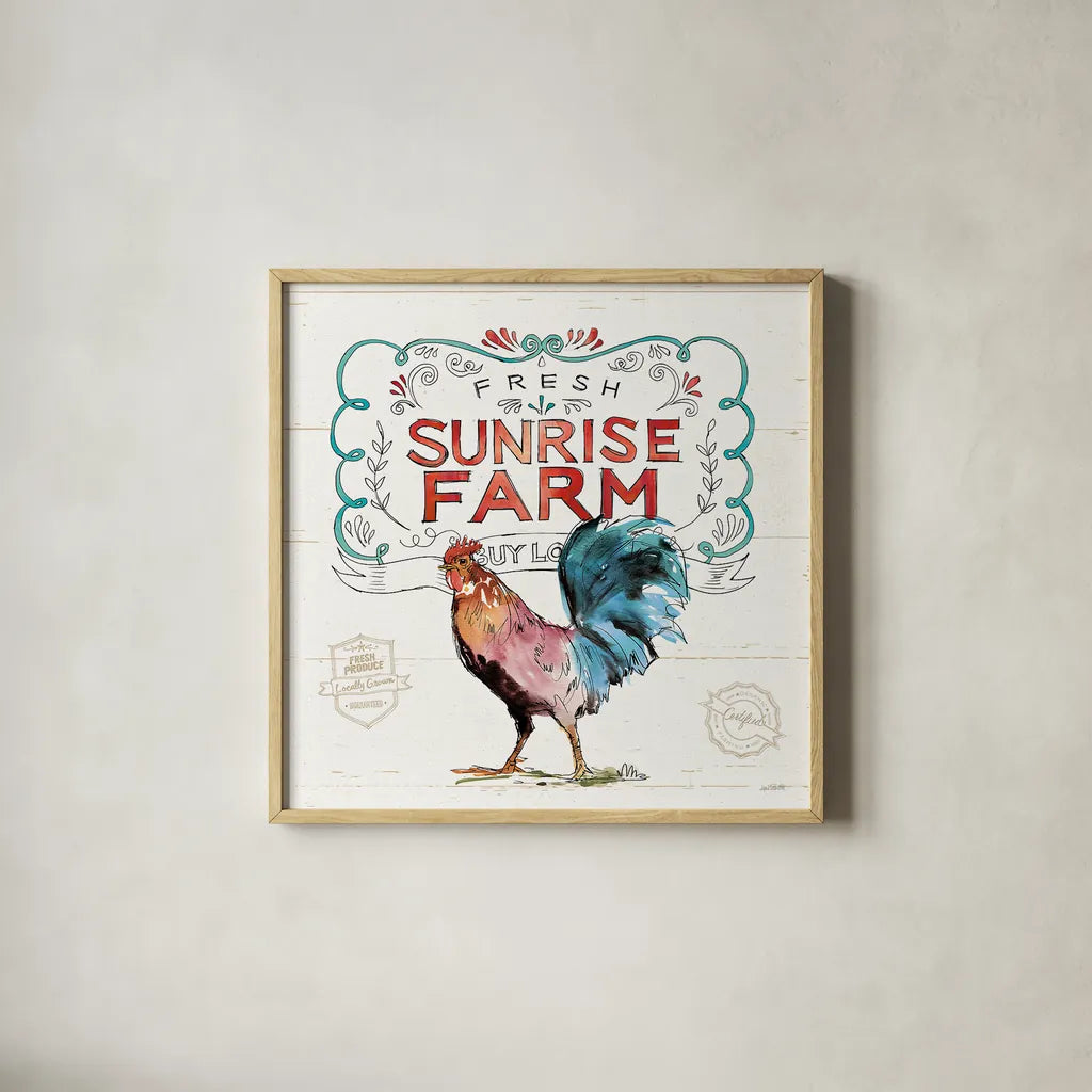 Down on the Farm VI by Anne Tavoletti. Shown in a natural wood glass frame for a timeless modern aesthetic. Available as an archival giclee rolled canvas, fine art paper, or poster print. SKU 36687a.