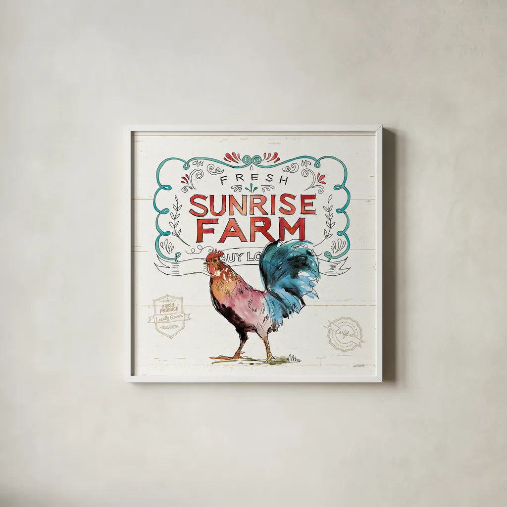 Down on the Farm VI by Anne Tavoletti. Shown in a crisp white glass frame for a clean and minimalist style. Available as an archival giclee rolled canvas, fine art paper, or poster print. SKU 36687a.