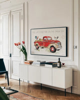 Down on the Farm VII by Anne Tavoletti. shown as a framed stretched canvas in a living room above a console. Available as a archival giclee rolled canvas, fine art paper, or poster print. SKU 41994i.