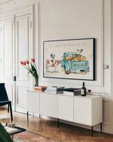 Down on the Farm VIII by Anne Tavoletti. shown as a framed stretched canvas in a living room above a console. Available as a archival giclee rolled canvas, fine art paper, or poster print. SKU 41995i.