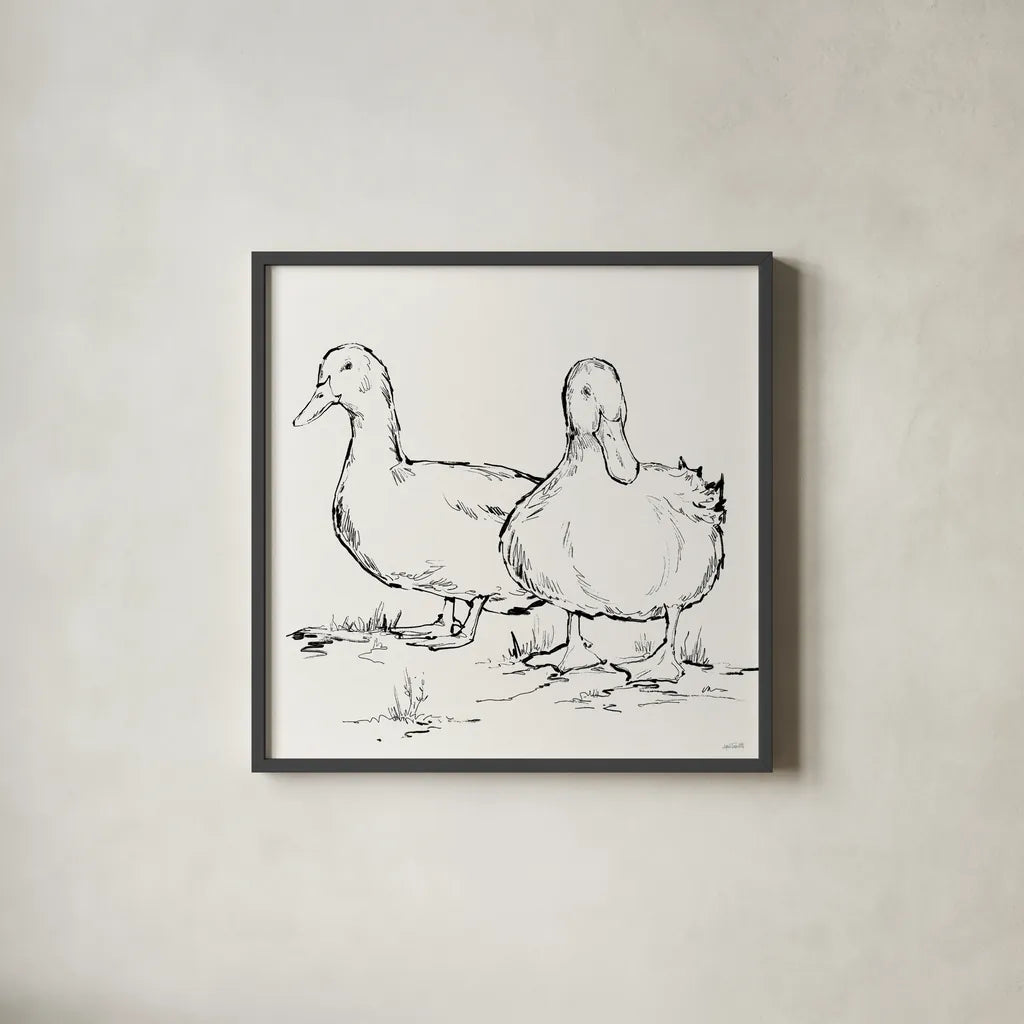 Duck Delight I by Anne Tavoletti. Shown in a sleek black glass frame for a contemporary gallery look. Available as an archival giclee rolled canvas, fine art paper, or poster print. SKU 86410a.