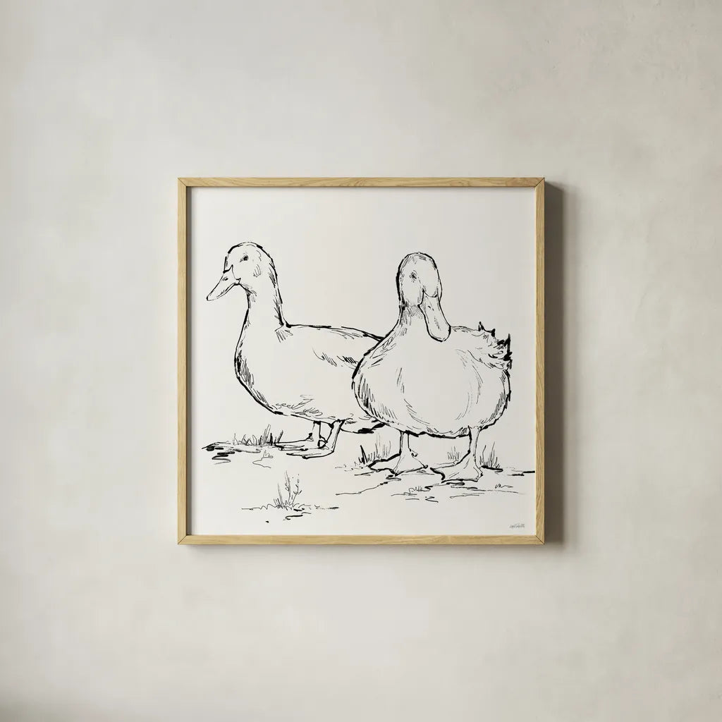 Duck Delight I by Anne Tavoletti. Shown in a natural wood glass frame for a timeless modern aesthetic. Available as an archival giclee rolled canvas, fine art paper, or poster print. SKU 86410a.