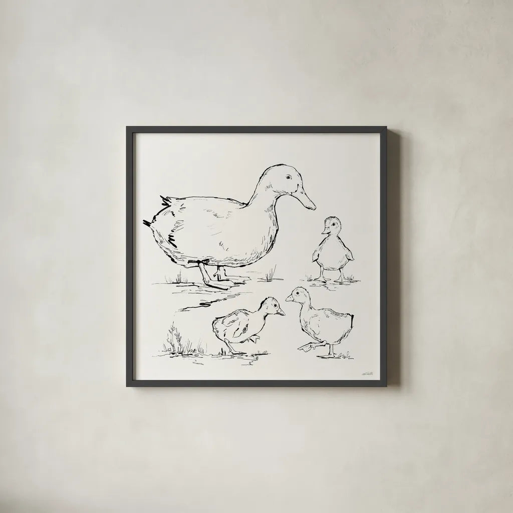 Duck Delight II by Anne Tavoletti. Shown in a sleek black glass frame for a contemporary gallery look. Available as an archival giclee rolled canvas, fine art paper, or poster print. SKU 86411a.