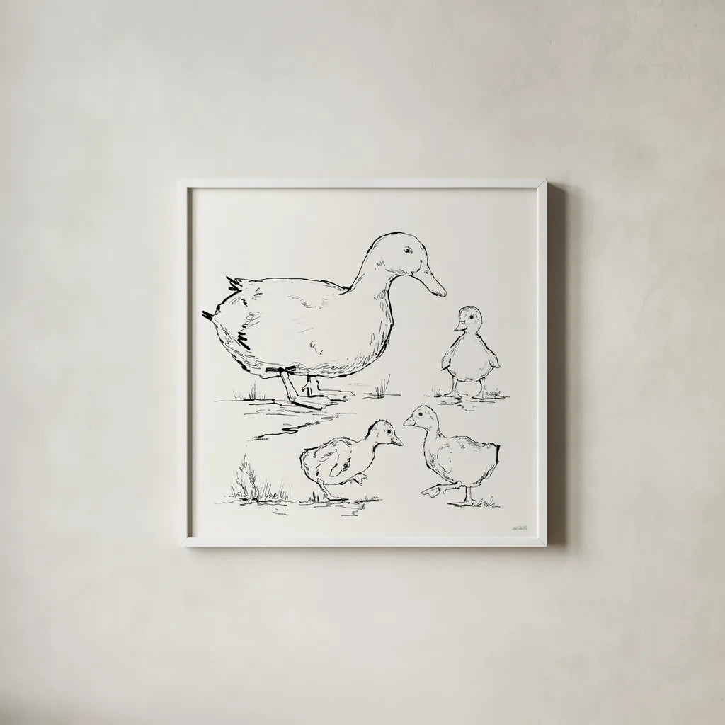 Duck Delight II by Anne Tavoletti. Shown in a crisp white glass frame for a clean and minimalist style. Available as an archival giclee rolled canvas, fine art paper, or poster print. SKU 86411a.