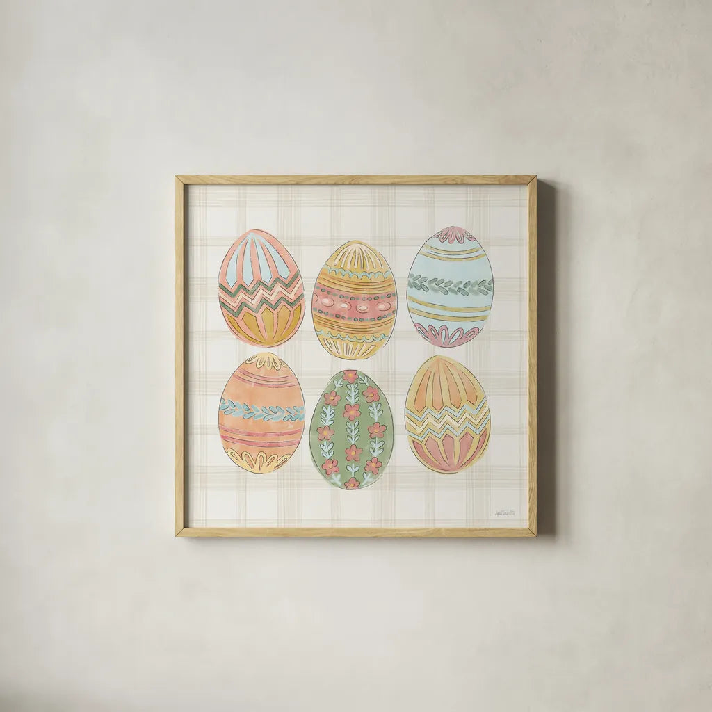 Eggstra Special VI by Anne Tavoletti. Shown in a natural wood glass frame for a timeless modern aesthetic. Available as an archival giclee rolled canvas, fine art paper, or poster print. SKU 102140a.