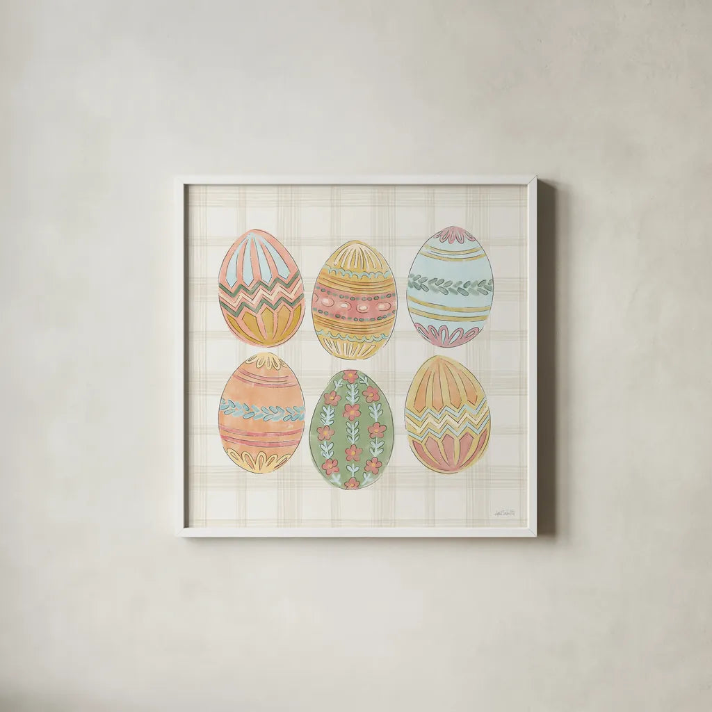 Eggstra Special VI by Anne Tavoletti. Shown in a crisp white glass frame for a clean and minimalist style. Available as an archival giclee rolled canvas, fine art paper, or poster print. SKU 102140a.