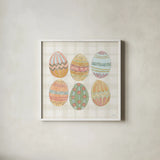 Eggstra Special VI by Anne Tavoletti. Shown in a crisp white glass frame for a clean and minimalist style. Available as an archival giclee rolled canvas, fine art paper, or poster print. SKU 102140a.