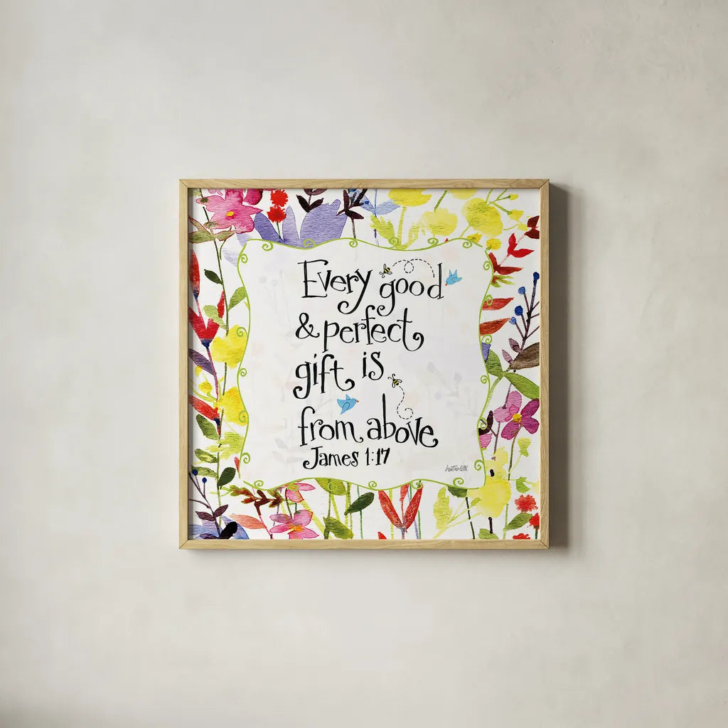 Every Good and Perfect Gift Floral by Anne Tavoletti. Shown in a natural wood glass frame for a timeless modern aesthetic. Available as an archival giclee rolled canvas, fine art paper, or poster print. SKU 59320a.