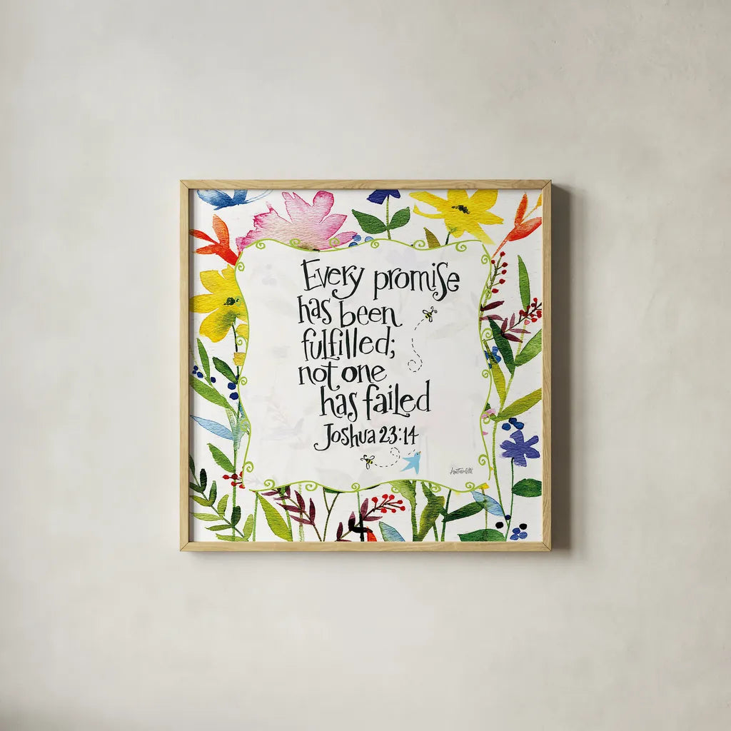 Every Promise has been Fulfilled Floral by Anne Tavoletti. Shown in a natural wood glass frame for a timeless modern aesthetic. Available as an archival giclee rolled canvas, fine art paper, or poster print. SKU 59321a.