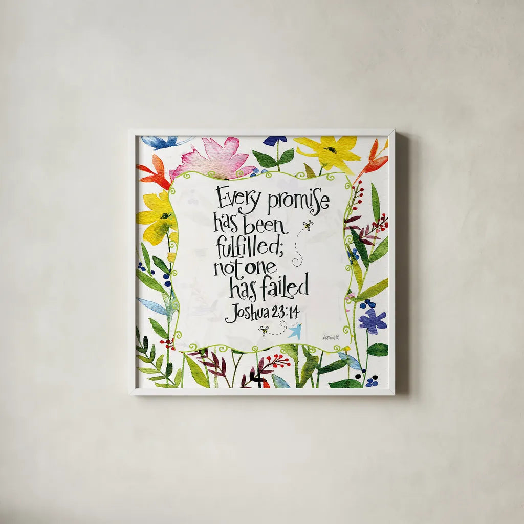 Every Promise has been Fulfilled Floral by Anne Tavoletti. Shown in a crisp white glass frame for a clean and minimalist style. Available as an archival giclee rolled canvas, fine art paper, or poster print. SKU 59321a.