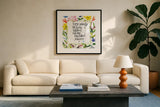Every Promise has been Fulfilled Floral by Anne Tavoletti. Displayed in a glass frame with matte in a clean modern living room. Available as an archival giclee rolled canvas, fine art paper, or poster print. SKU 59321a.
