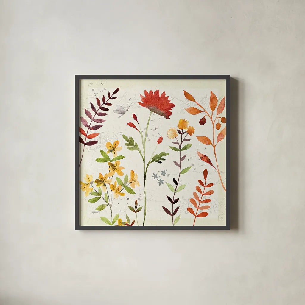 Fall Blooms I by Anne Tavoletti. Shown in a sleek black glass frame for a contemporary gallery look. Available as an archival giclee rolled canvas, fine art paper, or poster print. SKU 17748a.