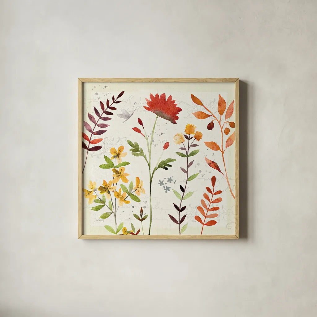 Fall Blooms I by Anne Tavoletti. Shown in a natural wood glass frame for a timeless modern aesthetic. Available as an archival giclee rolled canvas, fine art paper, or poster print. SKU 17748a.