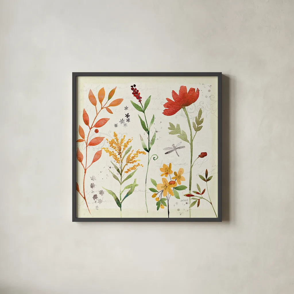 Fall Blooms II by Anne Tavoletti. Shown in a sleek black glass frame for a contemporary gallery look. Available as an archival giclee rolled canvas, fine art paper, or poster print. SKU 17749a.