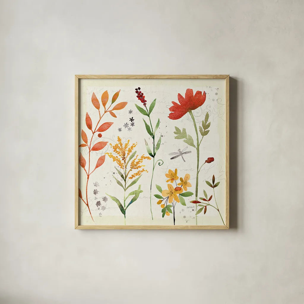 Fall Blooms II by Anne Tavoletti. Shown in a natural wood glass frame for a timeless modern aesthetic. Available as an archival giclee rolled canvas, fine art paper, or poster print. SKU 17749a.