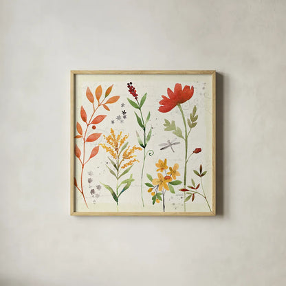 Fall Blooms II by Anne Tavoletti. Shown in a natural wood glass frame for a timeless modern aesthetic. Available as an archival giclee rolled canvas, fine art paper, or poster print. SKU 17749a.