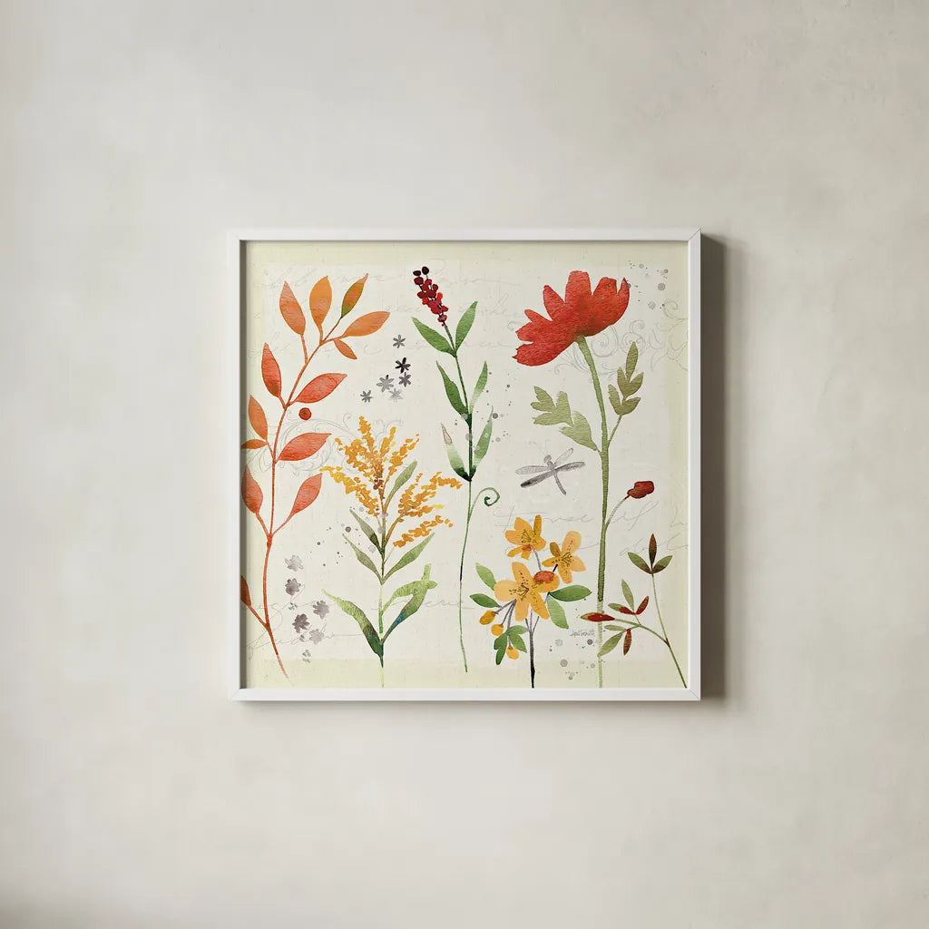Fall Blooms II by Anne Tavoletti. Shown in a crisp white glass frame for a clean and minimalist style. Available as an archival giclee rolled canvas, fine art paper, or poster print. SKU 17749a.