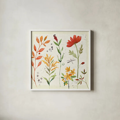 Fall Blooms II by Anne Tavoletti. Shown in a crisp white glass frame for a clean and minimalist style. Available as an archival giclee rolled canvas, fine art paper, or poster print. SKU 17749a.