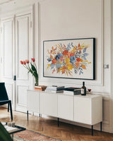Fall Flair I by Anne Tavoletti. shown as a framed stretched canvas in a living room above a console. Available as a archival giclee rolled canvas, fine art paper, or poster print. SKU 80002i.