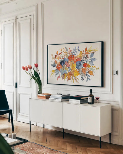 Fall Flair I by Anne Tavoletti. shown as a framed stretched canvas in a living room above a console. Available as a archival giclee rolled canvas, fine art paper, or poster print. SKU 80002i.