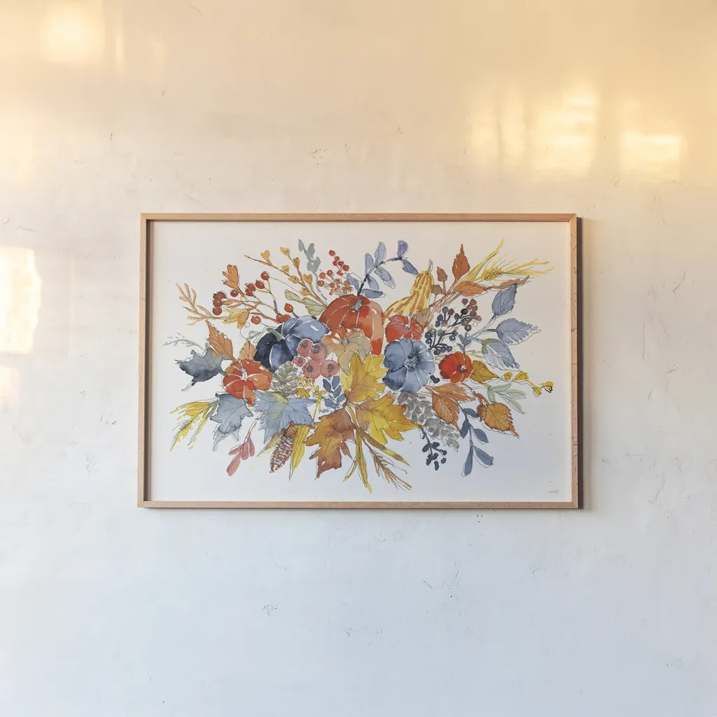 Fall Flair I by Anne Tavoletti. shown as a paper print in a natural frame. Available as a archival giclee rolled canvas, fine art paper, or poster print. SKU 80002i.