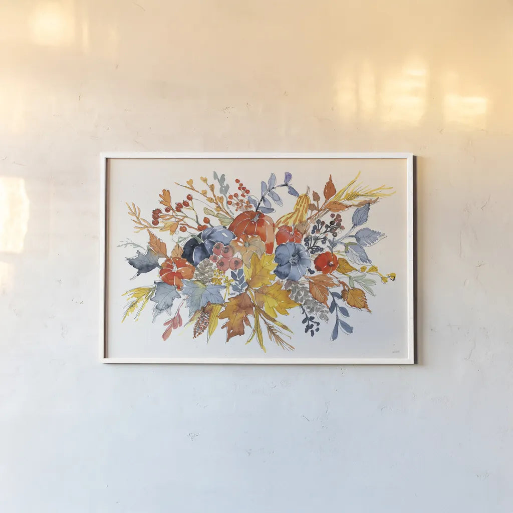 Fall Flair I by Anne Tavoletti. shown as a paper print in a white frame. Available as a archival giclee rolled canvas, fine art paper, or poster print. SKU 80002i.