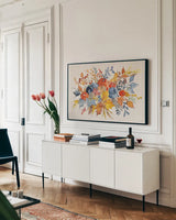 Fall Flair I Linen by Anne Tavoletti. shown as a framed stretched canvas in a living room above a console. Available as a archival giclee rolled canvas, fine art paper, or poster print. SKU 80425i.