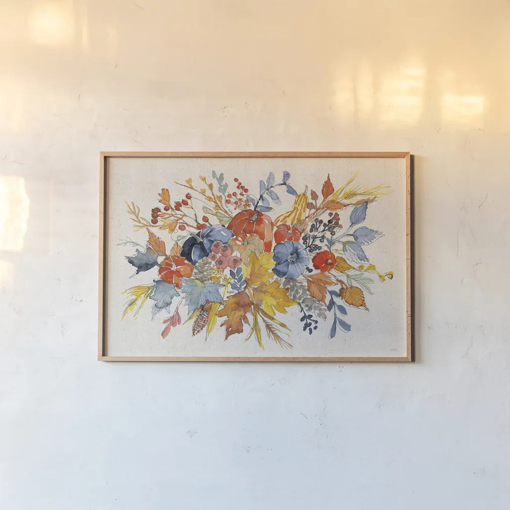 Fall Flair I Linen by Anne Tavoletti. shown as a paper print in a natural frame. Available as a archival giclee rolled canvas, fine art paper, or poster print. SKU 80425i.