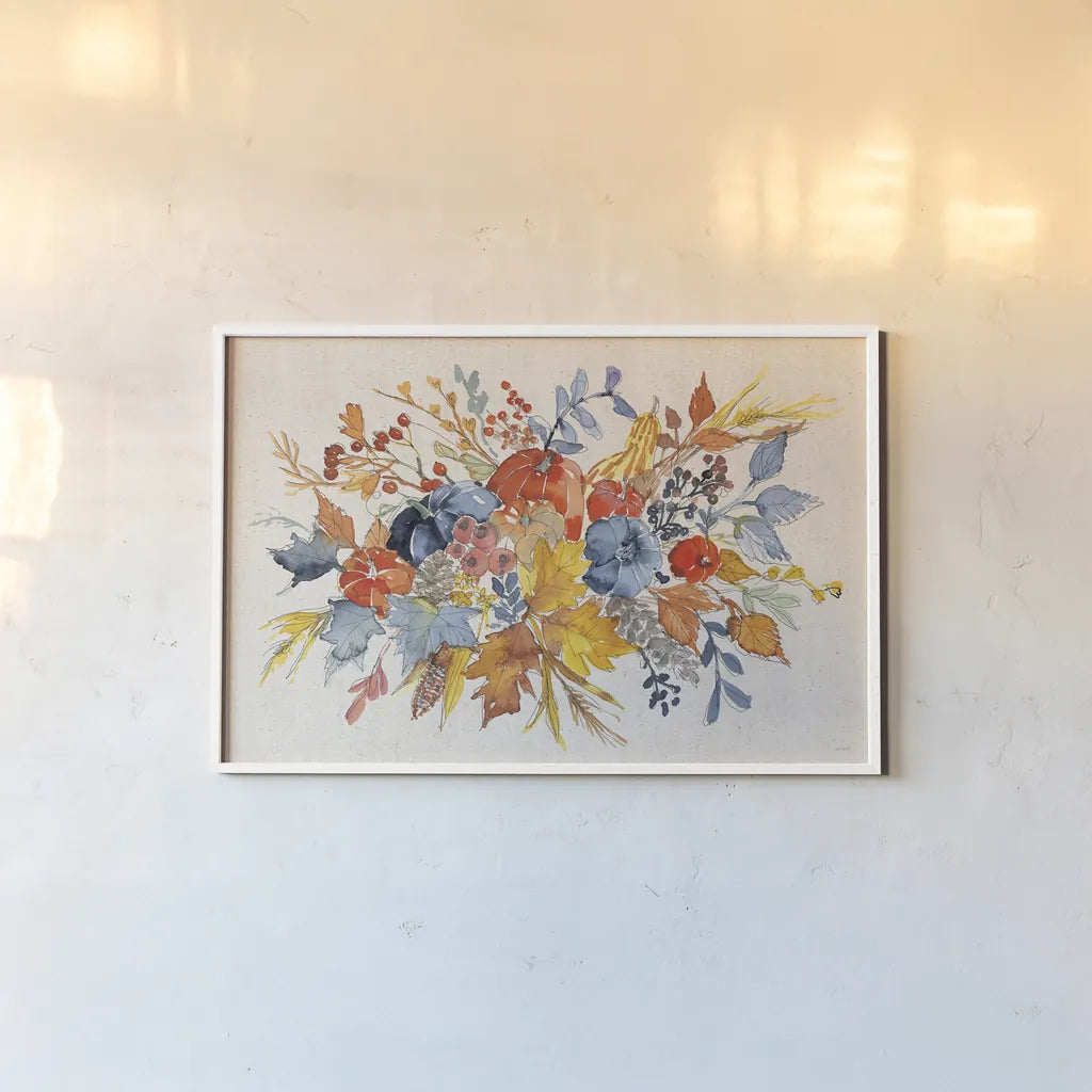 Fall Flair I Linen by Anne Tavoletti. shown as a paper print in a white frame. Available as a archival giclee rolled canvas, fine art paper, or poster print. SKU 80425i.