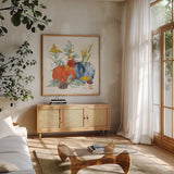 Fall Flair II by Anne Tavoletti. Shown in a natural wood frame in a cozy modern living room. Available as an archival giclee rolled canvas, fine art paper, or poster print. SKU 80003a.